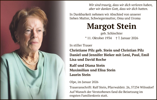 Traueranzeige von Margot Stein von HASK