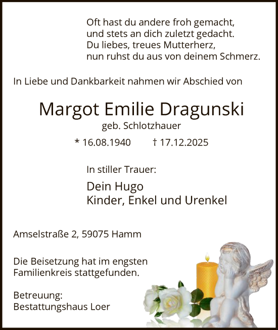 Traueranzeige von Margot Emilie Dragunski von HAWA