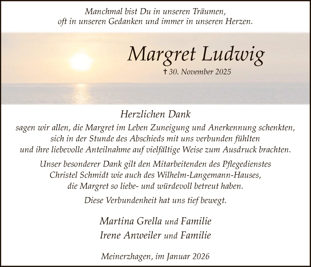  Traueranzeige für Margret Ludwig vom 17.01.2026 aus HALN