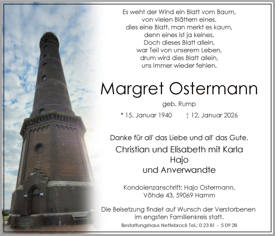 Traueranzeige von Margret Ostermann von HAWA