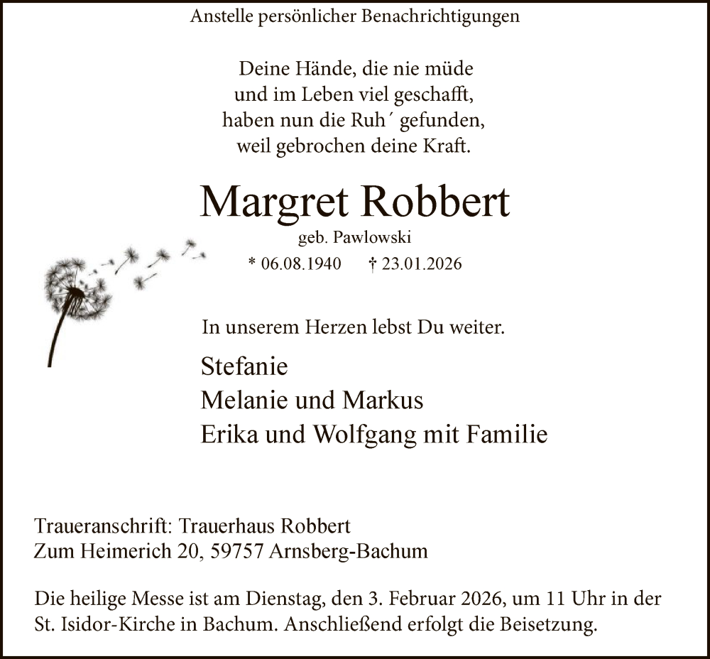  Traueranzeige für Margret Robbert vom 31.01.2026 aus HASK