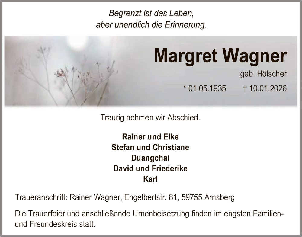  Traueranzeige für Margret Wagner vom 17.01.2026 aus HASK