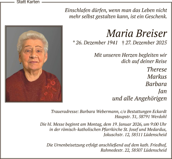 Traueranzeige von Maria Breiser von HALN