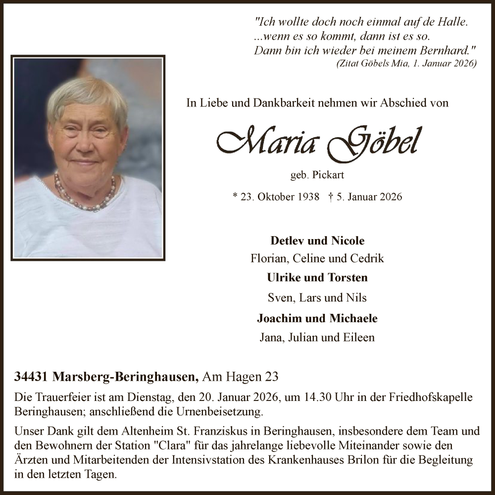  Traueranzeige für Maria Göbel vom 10.01.2026 aus HASK