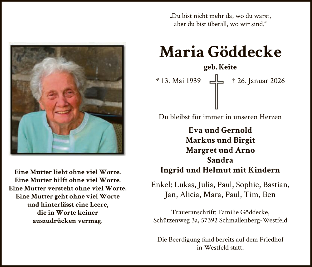  Traueranzeige für Maria Göddecke vom 31.01.2026 aus HASK