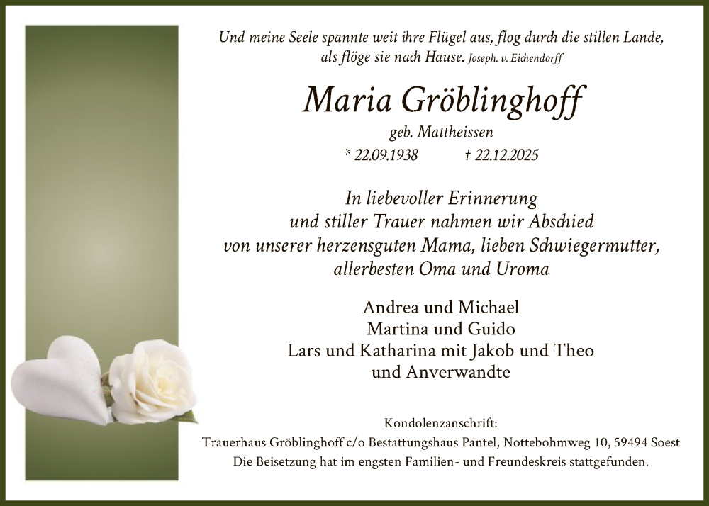  Traueranzeige für Maria Gröblinghoff vom 17.01.2026 aus HASO