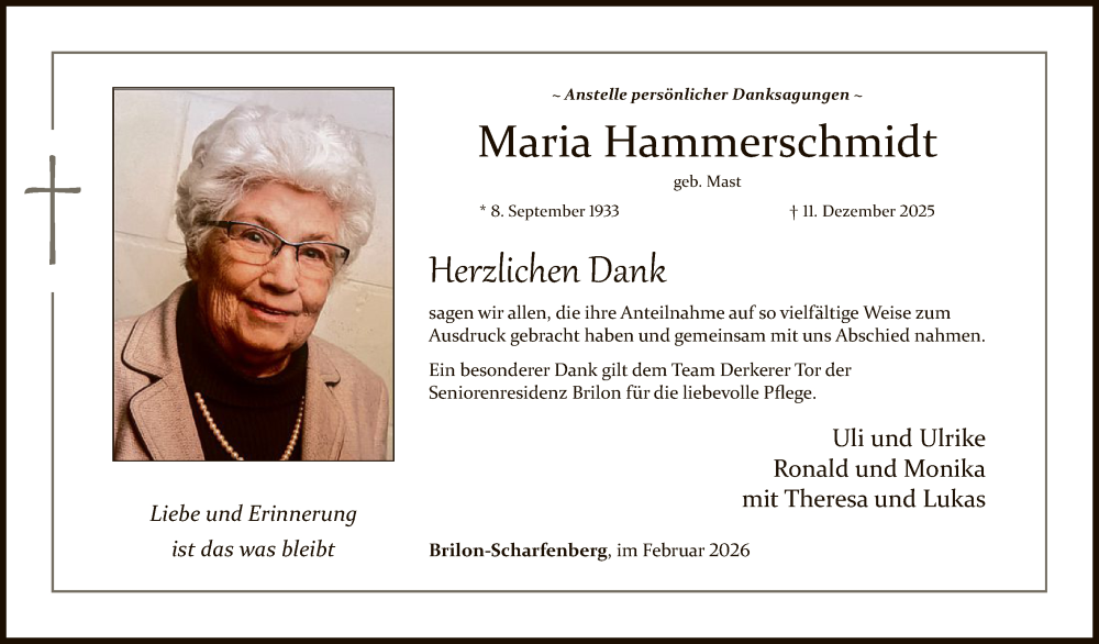  Traueranzeige für Maria Hammerschmidt vom 31.01.2026 aus HASK