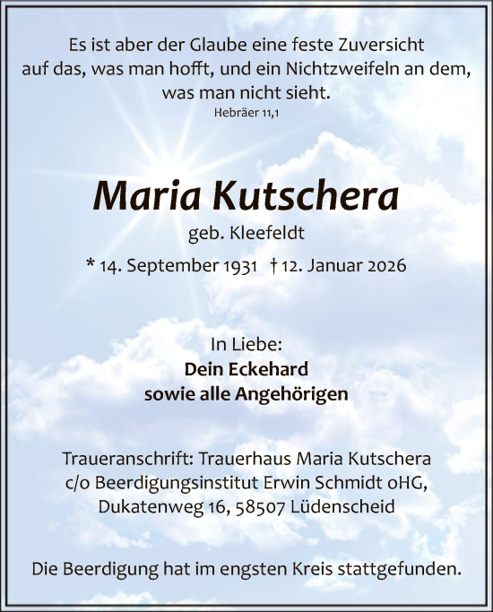 Traueranzeige von Maria Kutschera von HALN