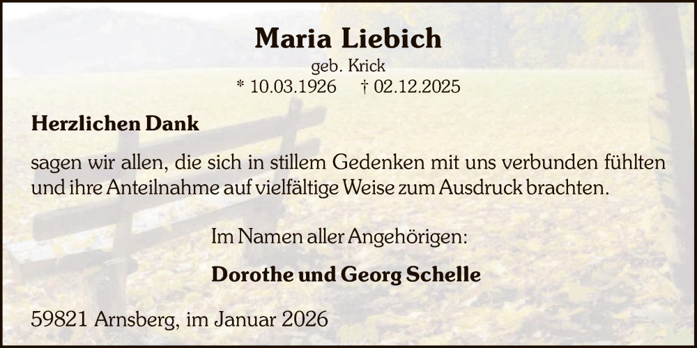  Traueranzeige für Maria Liebich vom 10.01.2026 aus HASK
