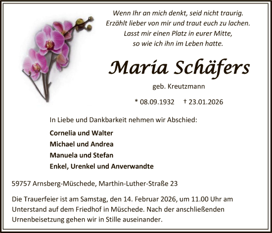 Traueranzeige von Maria Schäfers von HASK