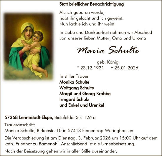 Traueranzeige von Maria Schulte von HASK