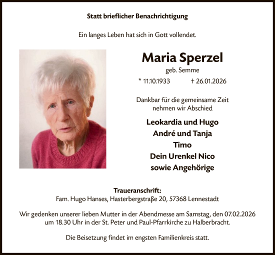 Traueranzeige von Maria Sperzel von HASK