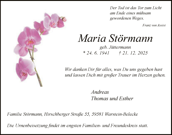 Traueranzeige von Maria Störmann von HASO