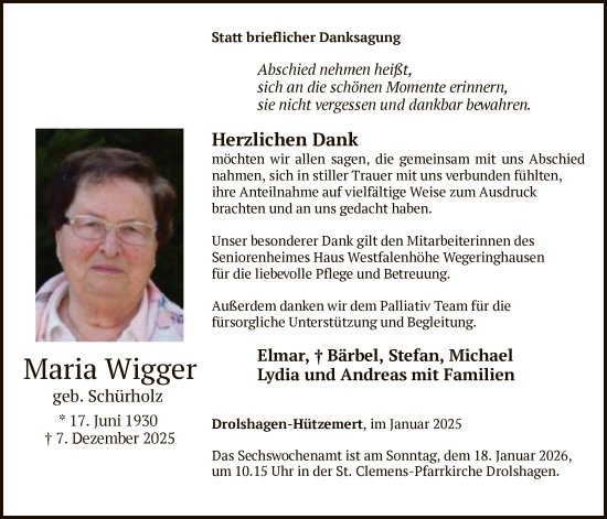 Traueranzeige von Maria Wigger von HASK