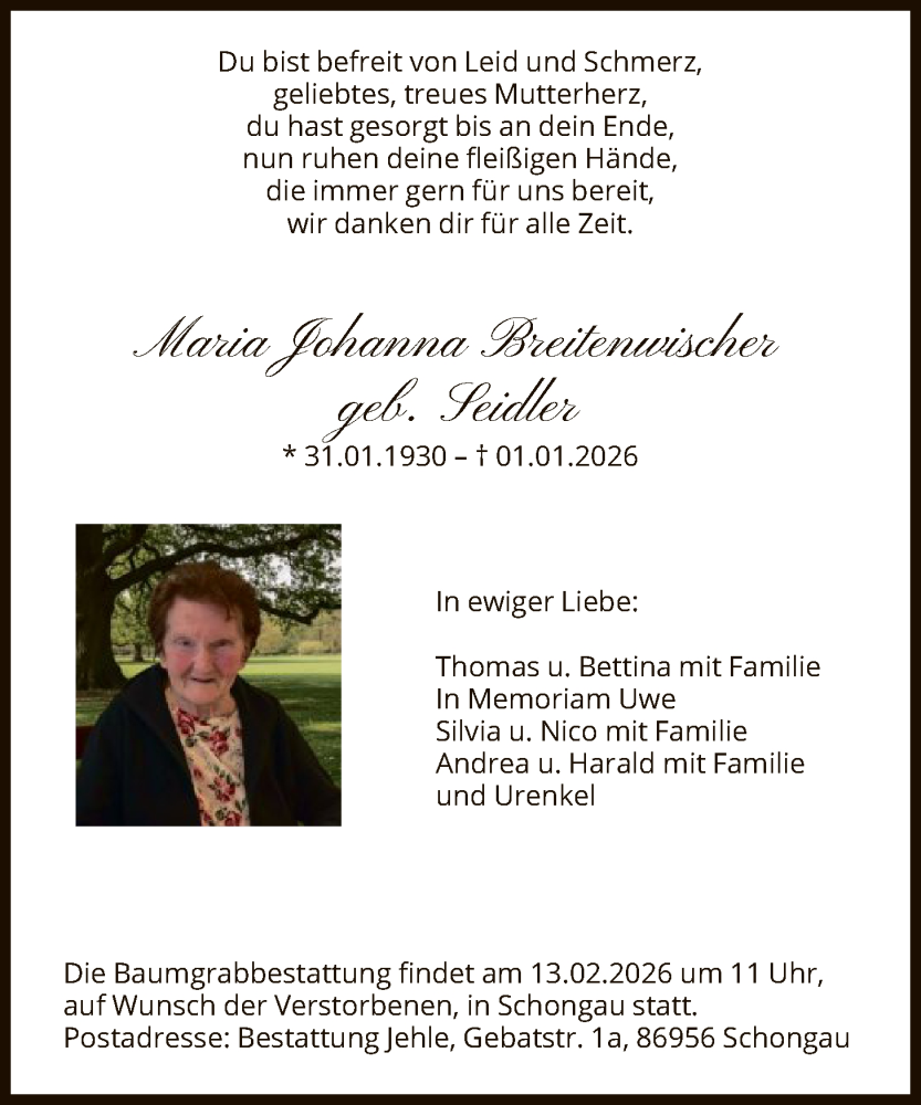  Traueranzeige für Maria Johanna Breitenwischer vom 17.01.2026 aus HASK