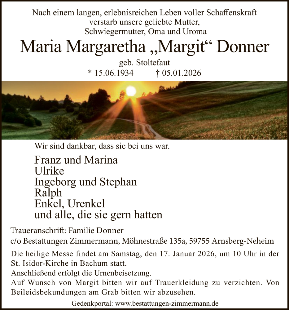  Traueranzeige für Maria Margaretha Donner vom 10.01.2026 aus HASK