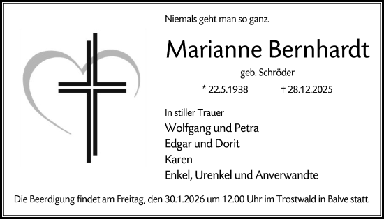 Traueranzeige von Marianne Bernhardt von HALN