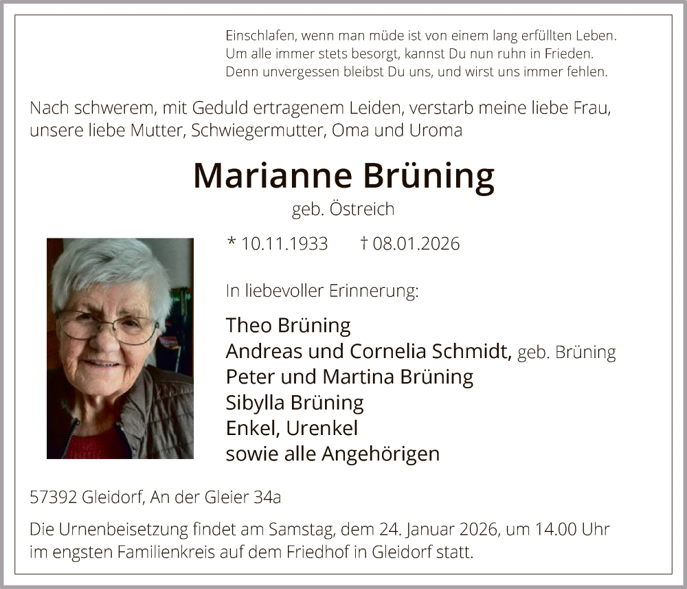  Traueranzeige für Marianne Brüning vom 17.01.2026 aus HASK