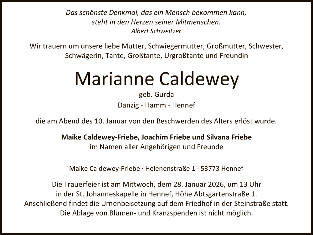  Traueranzeige für Marianne Caldewey vom 17.01.2026 aus HAWA