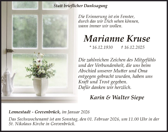 Traueranzeige von Marianne Kruse von HASK