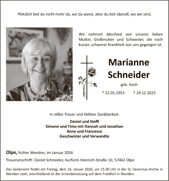 Traueranzeige von Marianne Schneider von HASK