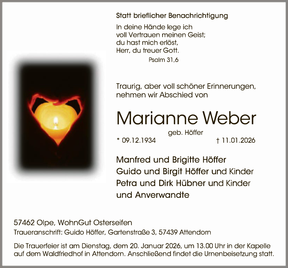  Traueranzeige für Marianne Weber vom 17.01.2026 aus HASK