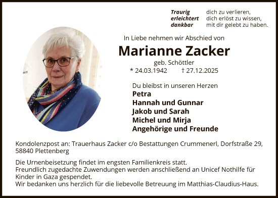 Traueranzeige von Marianne Zacker von HALN