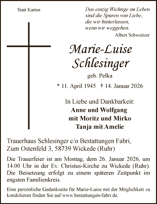 Traueranzeige von Marie-Luise Schlesinger von HASO