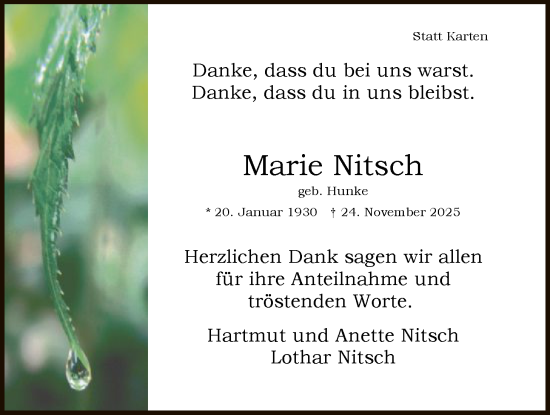 Traueranzeige von Marie Nitsch von HASO