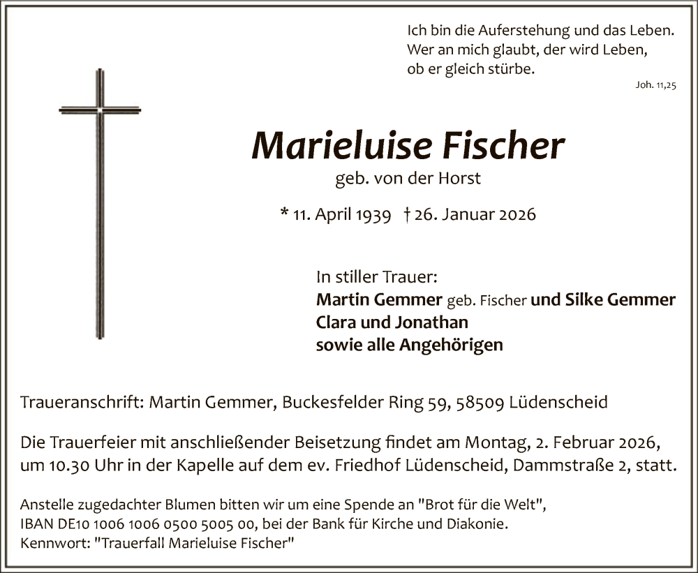  Traueranzeige für Marieluise Fischer vom 29.01.2026 aus HALN