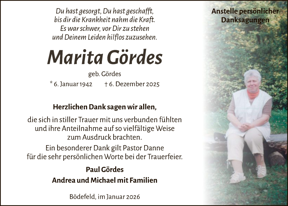 Traueranzeige für Marita Gördes vom 24.01.2026 aus HASK