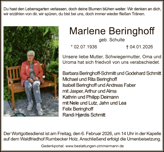 Traueranzeige von Marlene Beringhoff von HASK