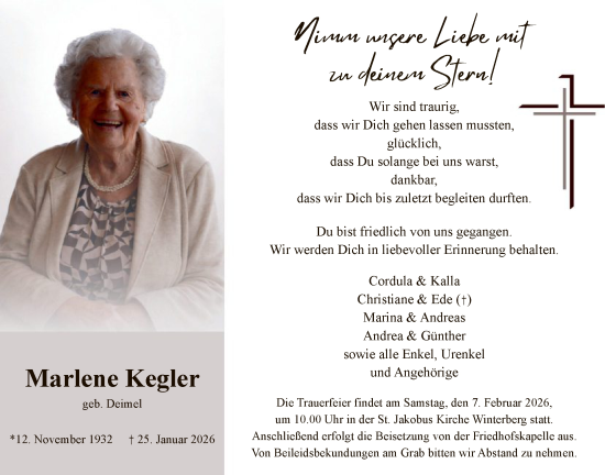 Traueranzeige von Marlene Kegler von HASK