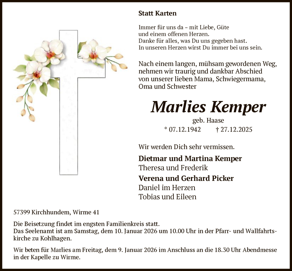  Traueranzeige für Marlies Kemper vom 03.01.2026 aus HASK