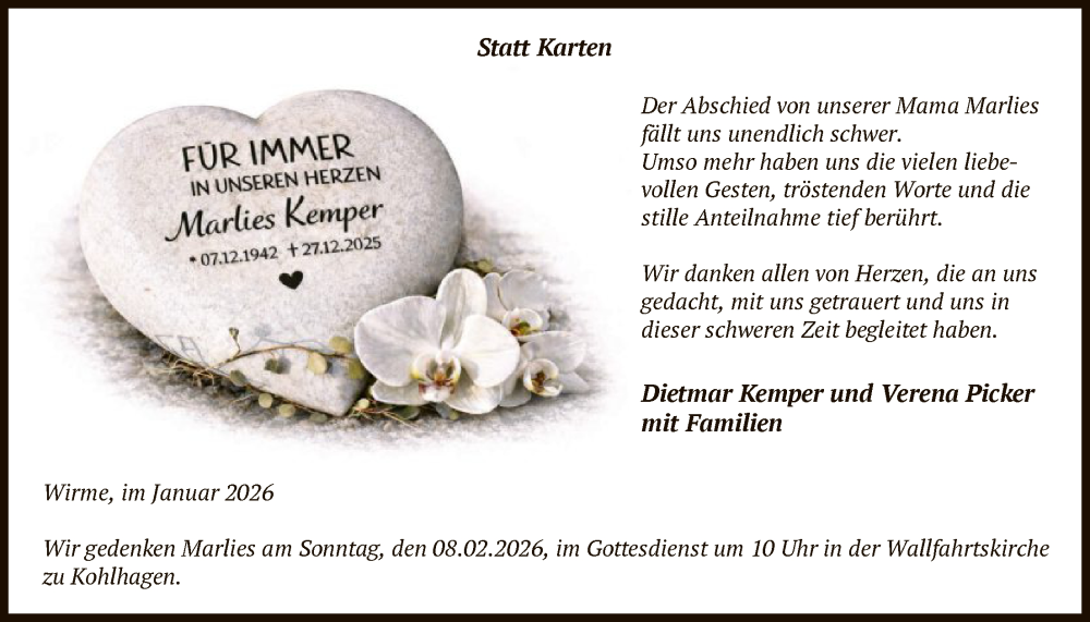  Traueranzeige für Marlies Kemper vom 31.01.2026 aus HASK
