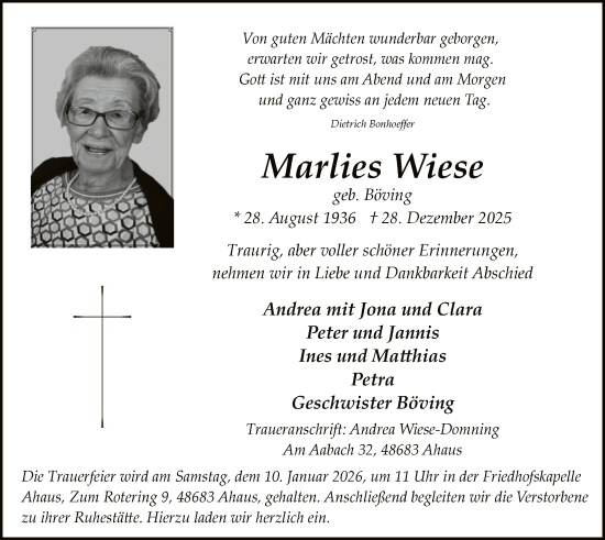 Traueranzeige von Marlies Wiese von HASK