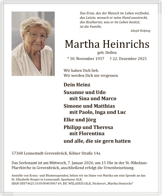 Traueranzeige von Martha Heinrichs von HASK