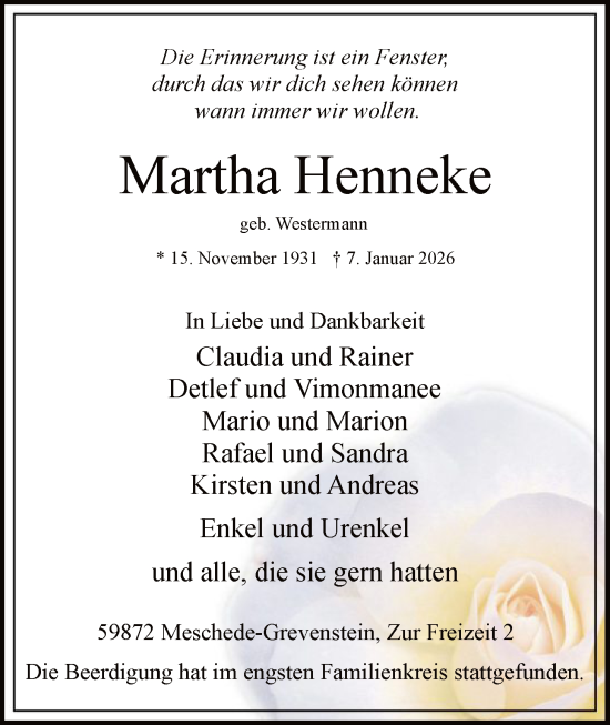 Traueranzeige von Martha Henneke von HASK