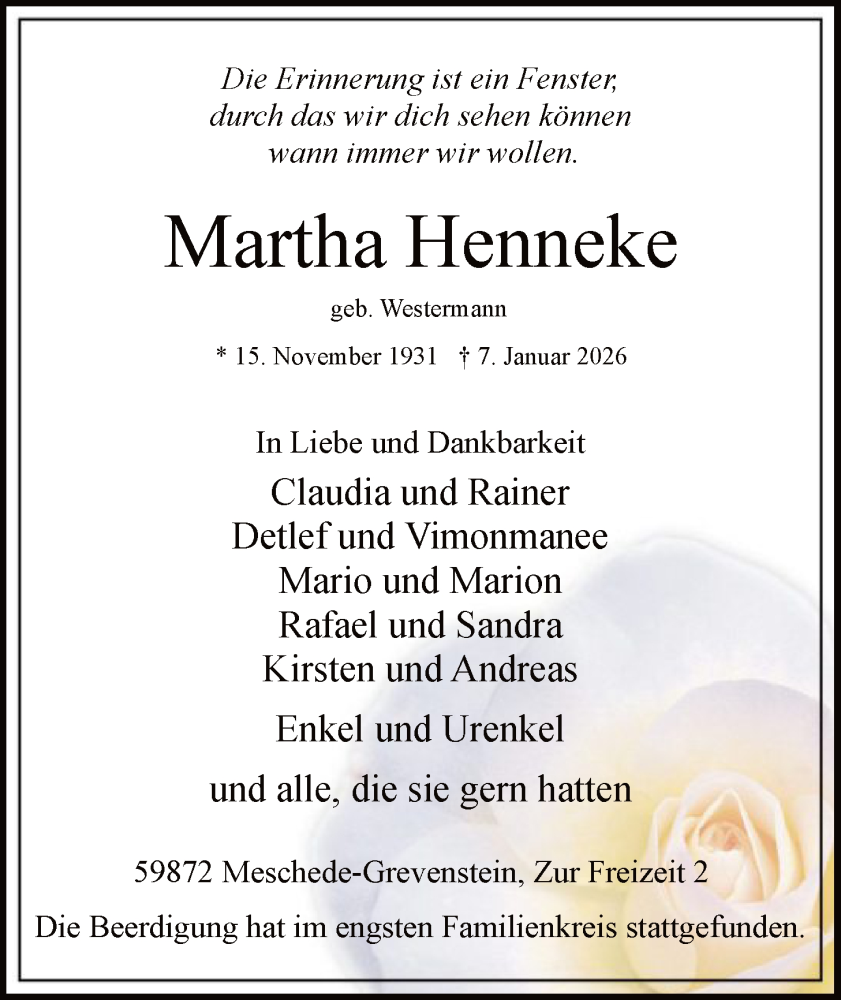  Traueranzeige für Martha Henneke vom 24.01.2026 aus HASK
