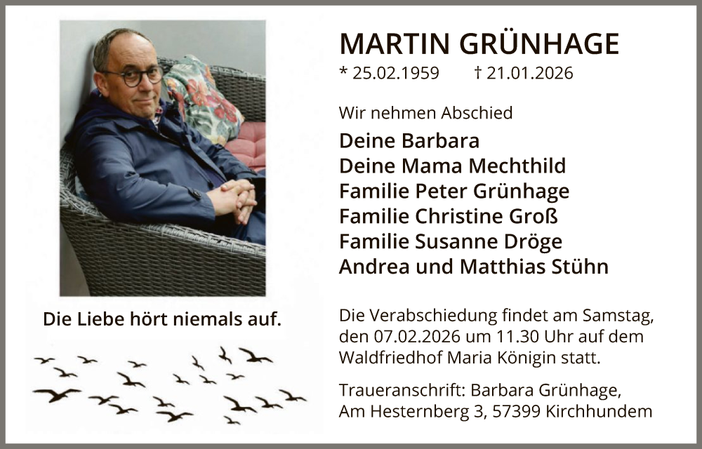  Traueranzeige für Martin Grünhage vom 31.01.2026 aus HASK