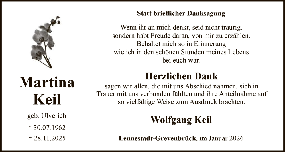  Traueranzeige für Martina Keil vom 10.01.2026 aus HASK