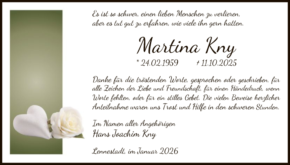  Traueranzeige für Martina Kny vom 10.01.2026 aus HASK