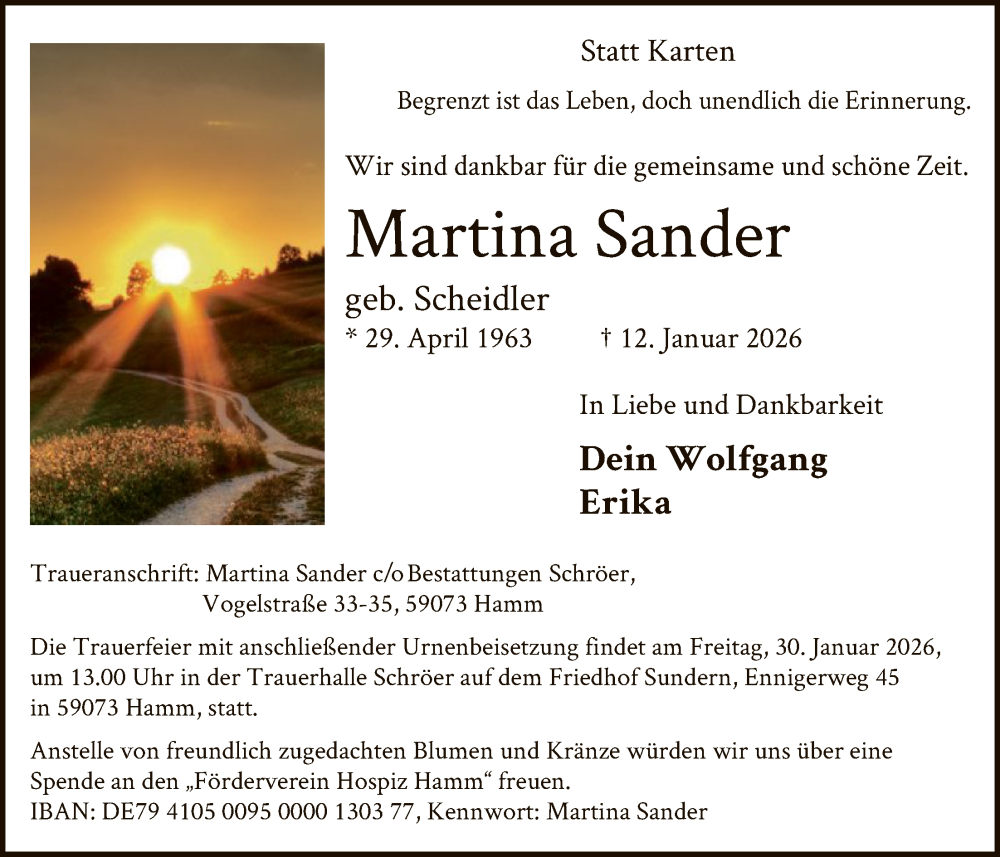  Traueranzeige für Martina Sander vom 24.01.2026 aus HAWA