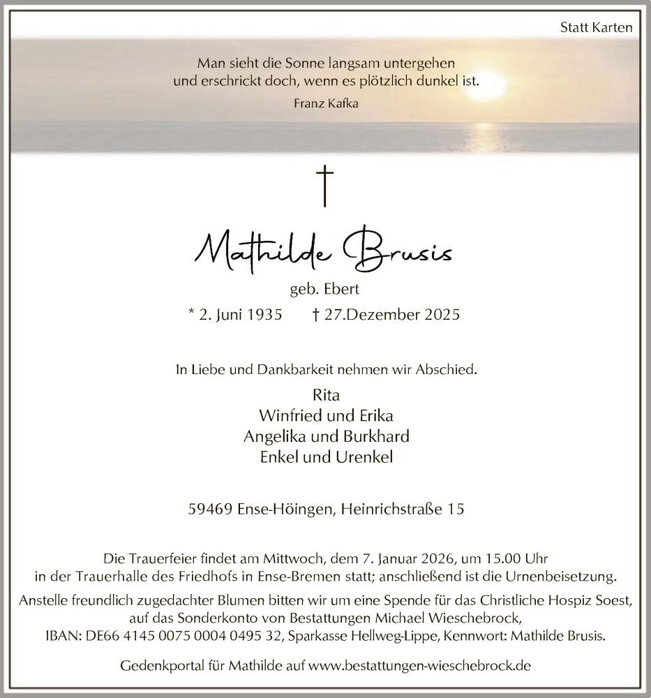  Traueranzeige für Mathilde Brusis vom 03.01.2026 aus HASO