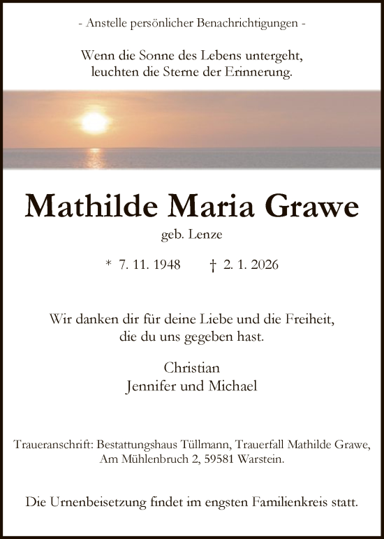 Traueranzeige von Mathilde Maria Grawe von HASO