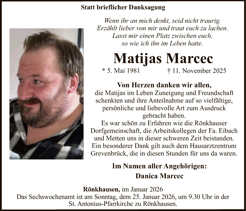  Traueranzeige für Matijas Marcec vom 17.01.2026 aus HASK