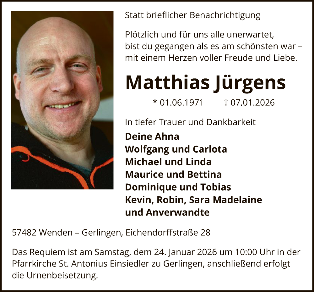  Traueranzeige für Matthias Jürgens vom 17.01.2026 aus HASK