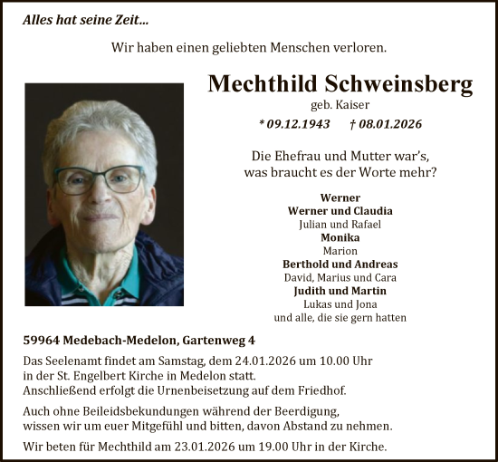 Traueranzeige von Mechthild Schweinsberg von HASK