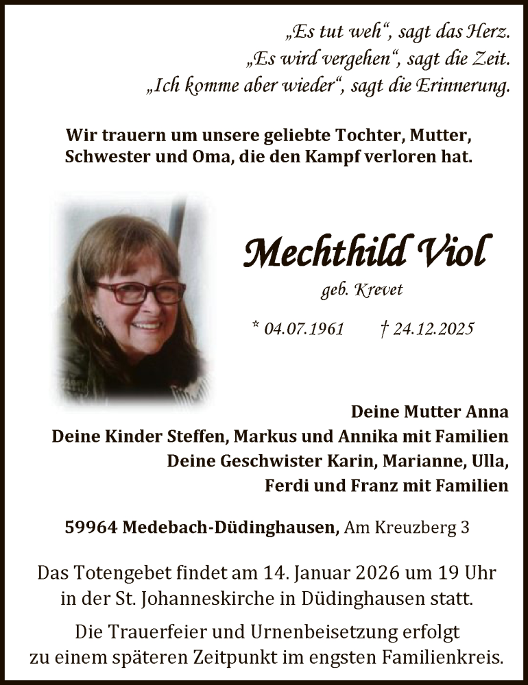 Traueranzeige für Mechthild Viol vom 10.01.2026 aus HASK