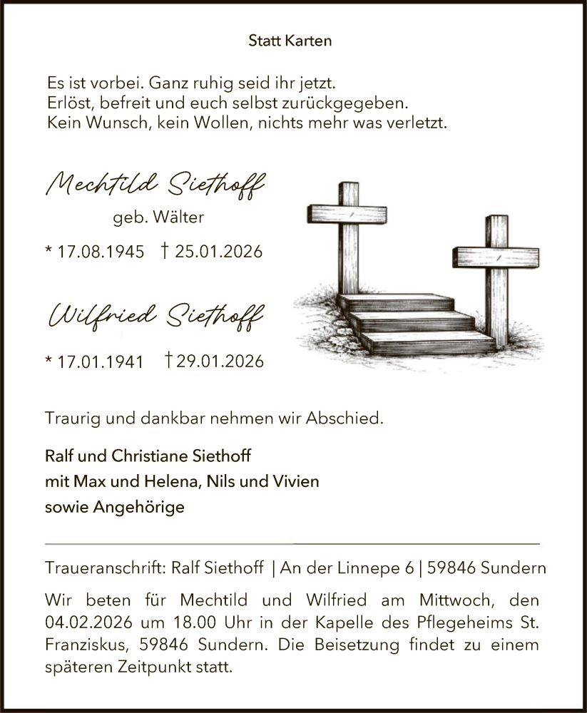  Traueranzeige für Mechtild und Wilfried Siethoff vom 31.01.2026 aus HASK